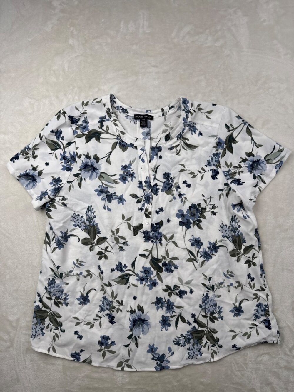 Hilary Radley Floral Print White & Blue Short Sleeve Womens Blouse L Lightweight